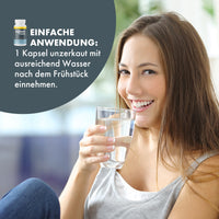 Thumbnail for Frau hält Glas Wasser neben ZellBoost Premium Dose und Anwendungstext zu 1 Kapsel