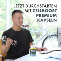 Thumbnail for Mann mit Hantel neben ZellBoost Premium Dose und Schrift Jetzt durchstarten