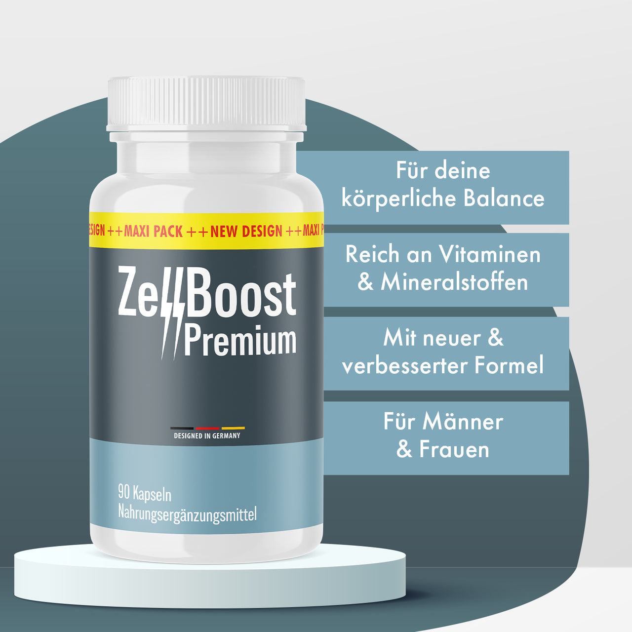 ZellBoost Premium Dose mit 90 Kapseln auf Podest und graublauen Hinweisfeldern