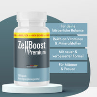Thumbnail for ZellBoost Premium Dose mit 90 Kapseln auf Podest und graublauen Hinweisfeldern