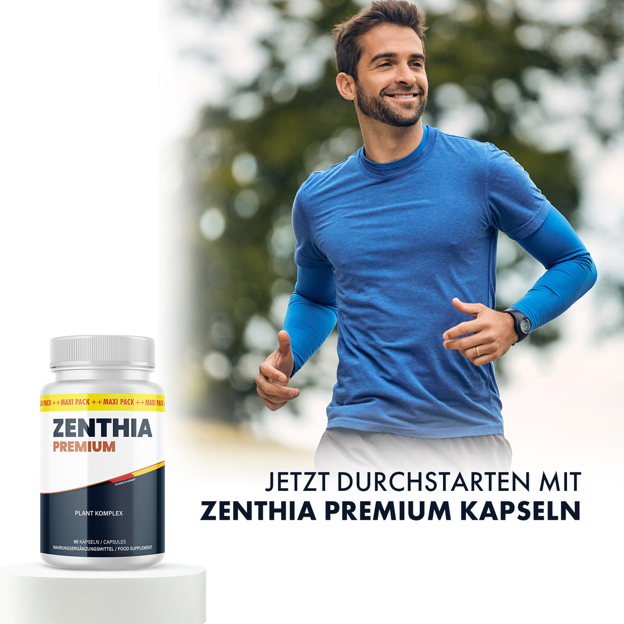 Sportlicher Mann beim Joggen mit Zenthia Premium Kapseln Plant Komplex 90 Stück