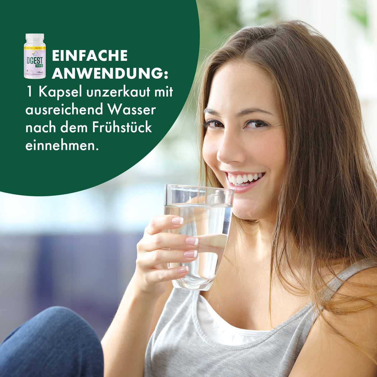 Frau mit Wasserglas neben DGEST Premium und Hinweis zur Einnahme von 1 Kapsel nach dem Frühstück
