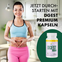 Thumbnail for Frau in Sportkleidung vor Küchenhintergrund neben DGEST Premium Dose und Werbetext rechts außen