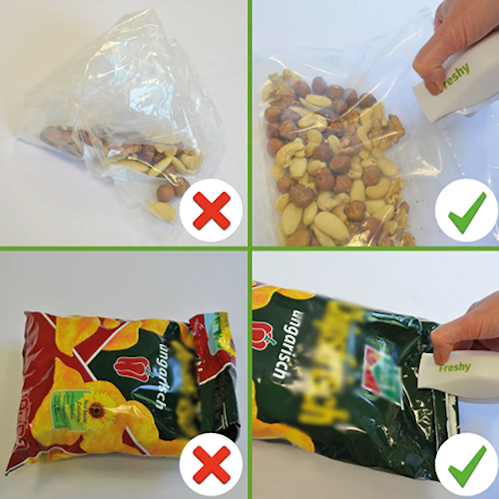Transparentbeutel und Chipstüte im Vorher-nachher-Vergleich mit und ohne Versiegelung durch Freshy