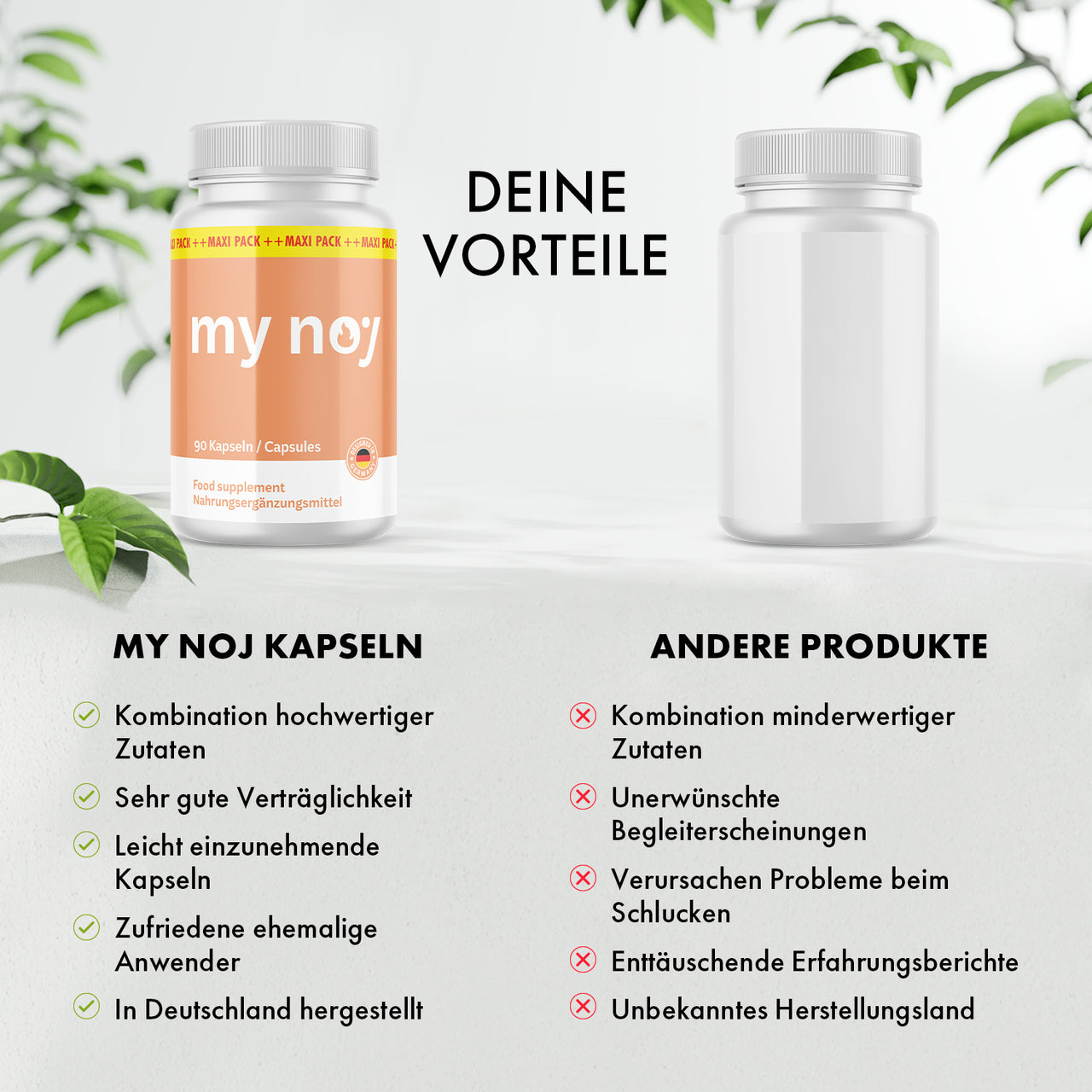 My Noj Kapseln Dose wird weißer Dose mit Bewertungslisten unten im Bild gegenübergestellt
