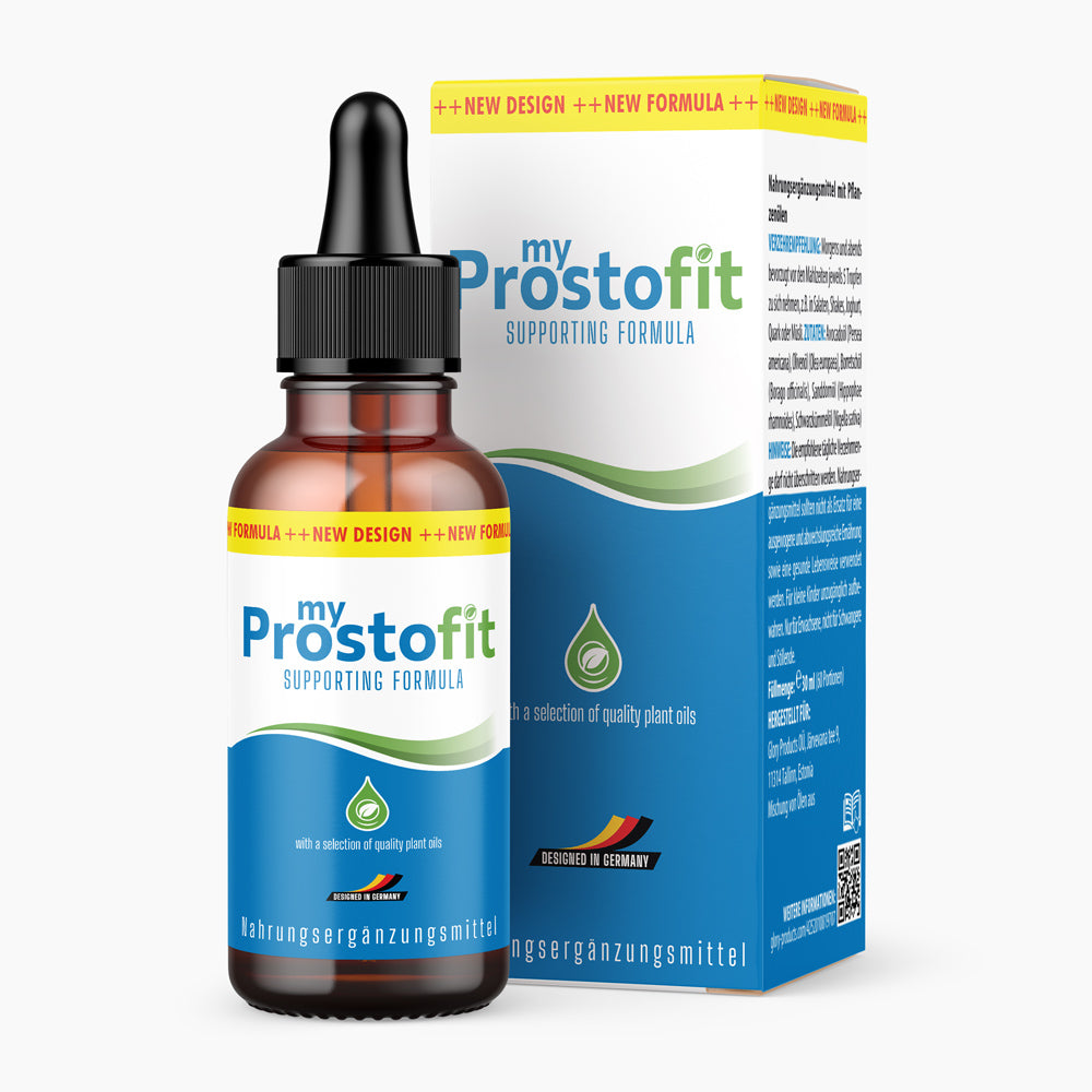 Braunes Tropffläschchen und Verpackung mit der Aufschrift „my Prostofit Supporting Formula“